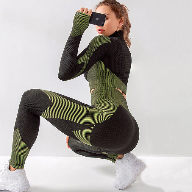 Wholesale Ladies Sports Long Sleeve Seamless Knit Fitness Yoga Two Piece Set