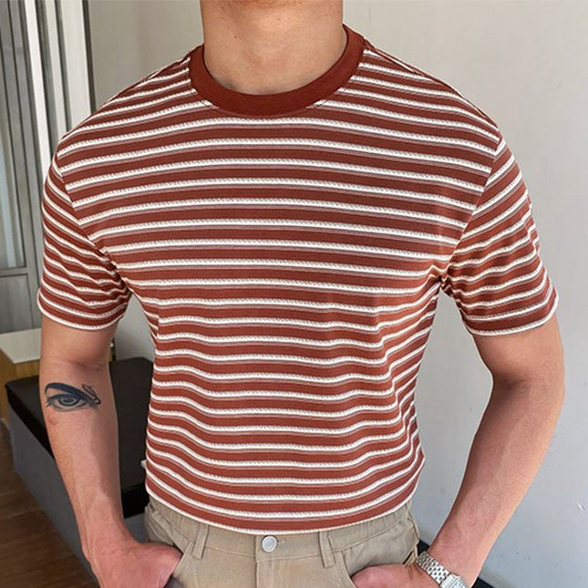 Camiseta de manga corta de rayas rojas de prendas de punto de primavera y verano para hombre