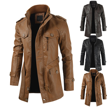 Wholesale Men's Fall Winter Velvet Stand Collar Mid-length Leather Jacket