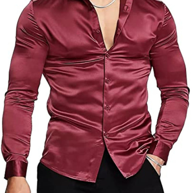Wholesale Men's Fall Shiny Solid Color Long Sleeve Prom Shirts