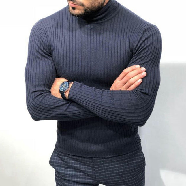 Suéter de manga larga de punto negro de cuello alto de primavera y otoño para hombre