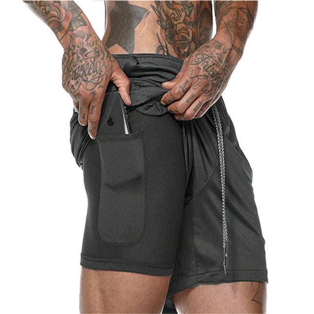 Pantalones cortos deportivos sueltos de doble capa con múltiples bolsillos para hombre