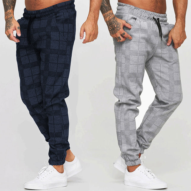 Wholesale Men's Casual Check Trousers Elastic Drawstring Sports Penny Pants