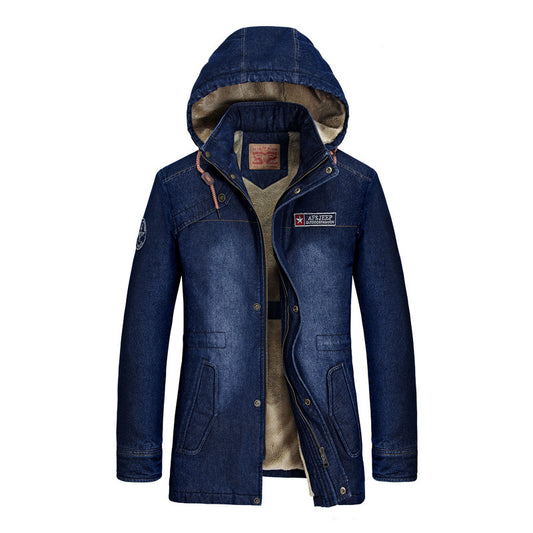 Wholesale Men's Winter Mid Length Plus Fleece Thick Hooded Denim Jacket