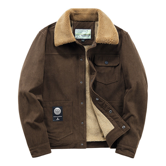 Wholesale Men's Winter Large Size Corduroy Plush Thick Multi-Pocket Jacket