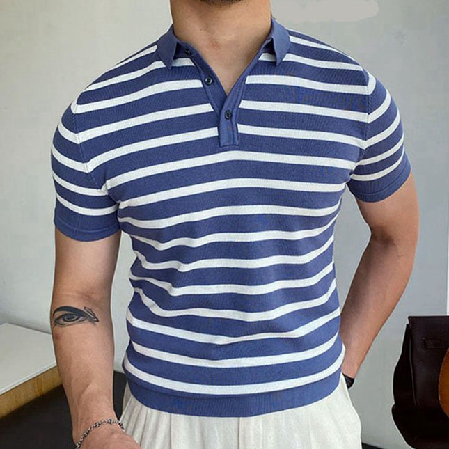 Wholesale Men's Summer T-Shirt Lapel Blue Striped Short Sleeve Polo Shirt