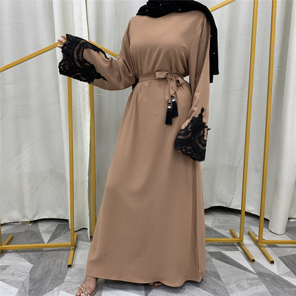 Wholesale Islamic Turkey Dubai Long Sleeve Lace Panel Dress
