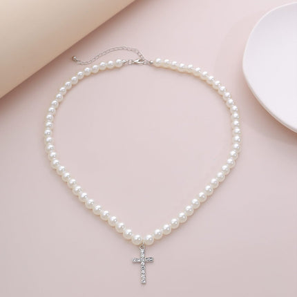 Trendy Pearl Pendant Rhinestone Cross Necklace