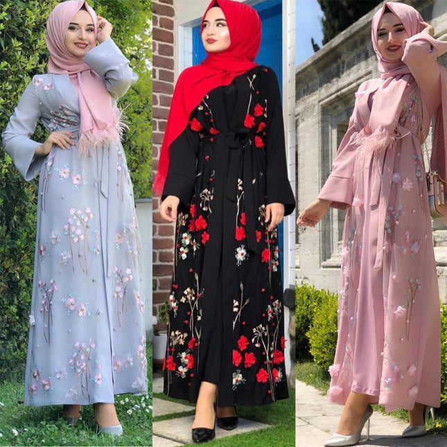 Muslim Ladies Embroidered Mesh Loose Tie Cardigan Robe