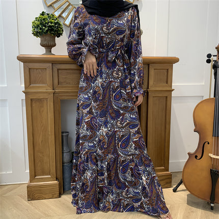 Muslim Printed Long Dress Swing Ties Dubai Turkish Dress