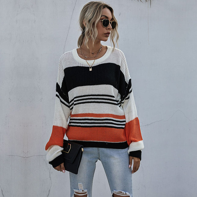 Damen-Colorblock-Pullover mit Rundhalsausschnitt und langen Ärmeln