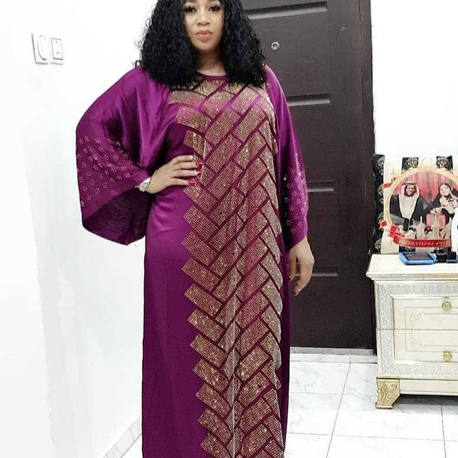 Wholesale African Women's Robe Imitation Silk Ironing Rhinestone Swing Dress