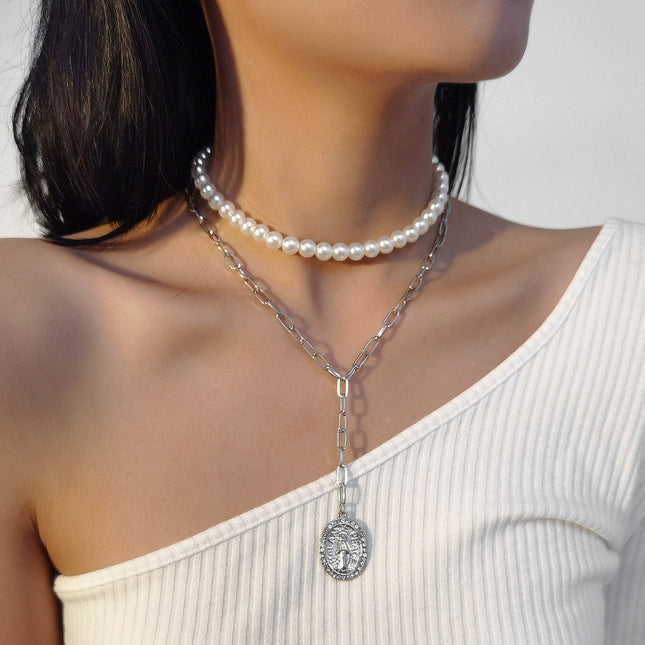 Gargantilla con cuentas de perlas Collar con etiqueta de figura de diamantes de imitación de cadena vintage