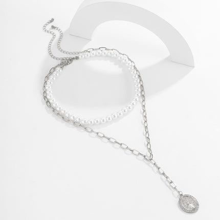 Pearl Beaded Choker Vintage Chain Rhinestone Figure Tag Necklace