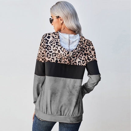Paneled Leopard Print Round Neck Long Sleeve Hoodie