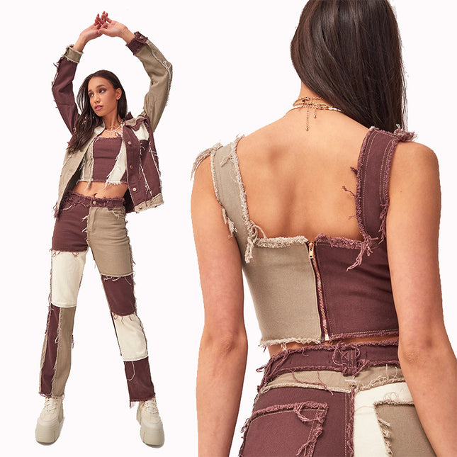 Wholesale Women's Stitching Raw Edge Cropped Bandeau Denim Vest
