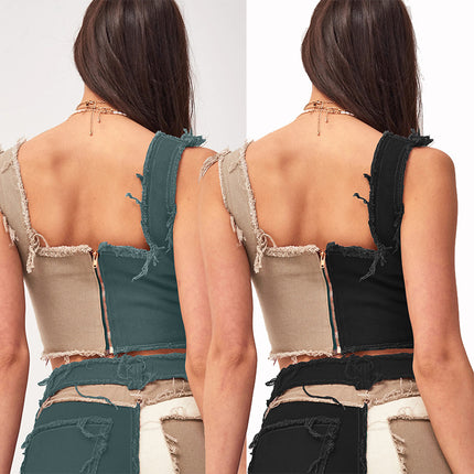 Wholesale Women's Stitching Raw Edge Cropped Bandeau Denim Vest