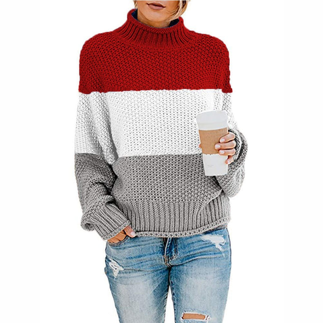 Women's Knitwear Thick Line Colorblock Turtleneck Pullover Sweater
