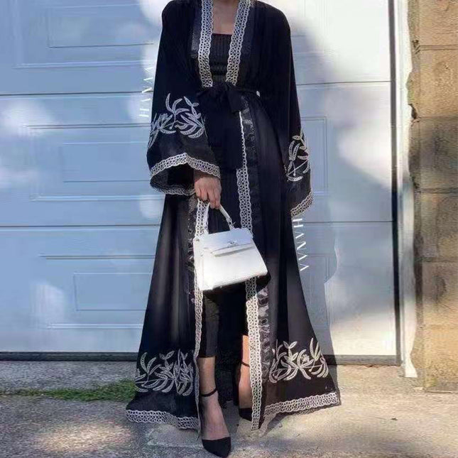 Túnica musulmana Dubai Costura Encaje Bordado Cardigan Abaya