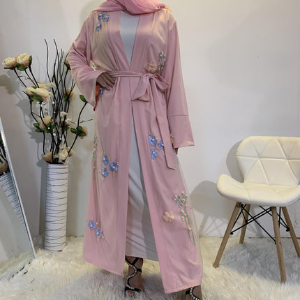 Muslim Ladies Embroidered Mesh Loose Tie Cardigan Robe