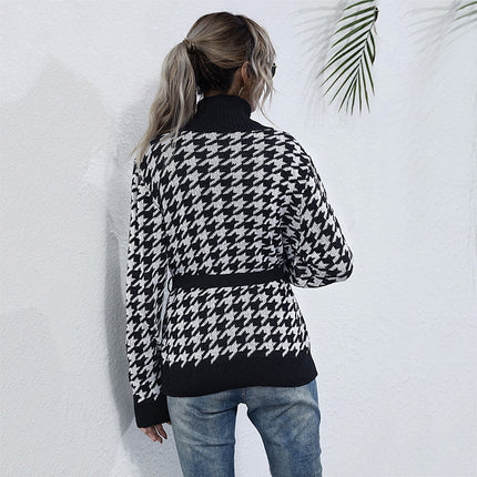 Wholesale Women's Fall Winter Long Sleeve Houndstooth Cardigan Sweater
