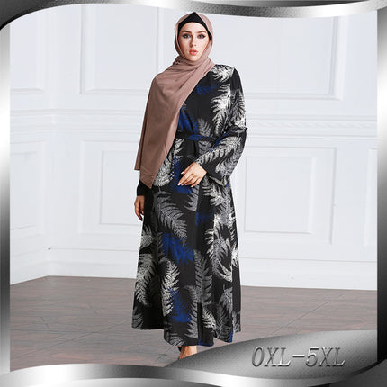 Plus Size Damen Robe Muslim Print Langarm Panel Kleid