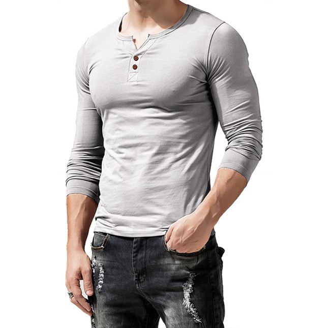 Wholesale Men's V Neck Button Long Sleeve Solid Color Stretch T-Shirt