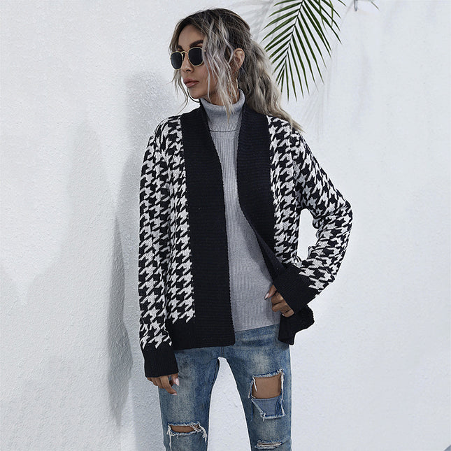 Wholesale Women's Fall Winter Long Sleeve Houndstooth Cardigan Sweater