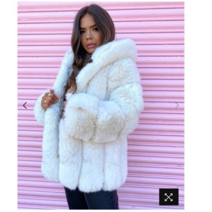Wholesale Women's Hooded Panel Mid Length Coat Faux Fur Fox Coat