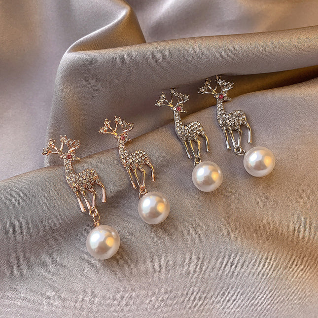 Pendientes de alce de diamantes de imitación de cervatillo con perlas de animales lindos de Navidad