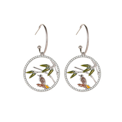 Rhinestone Branch Bird Natural Simple Hollow Round Earrings