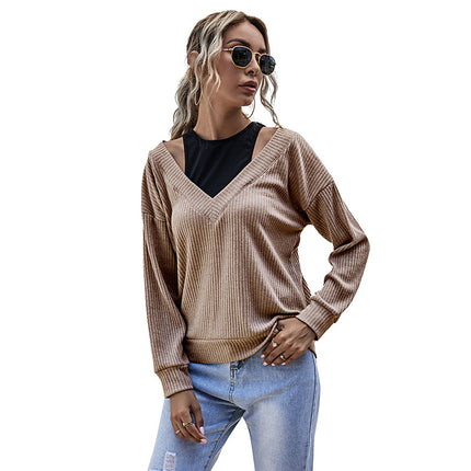Wholesale Women's Fake Two-Piece Off-Shoulder Pullover Top