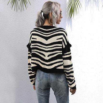 Wholesale Women's Cropped Striped Mosaic Knit Cardigan Sweater Jacket