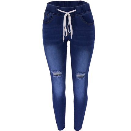 Wholesale Women's Mid Rise Drawstring Slim Fit Distressed Jeans