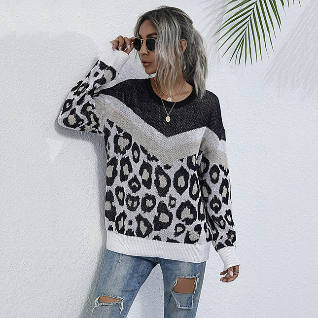 Suéter de punto de cuello redondo fino de leopardo otoño invierno para mujer