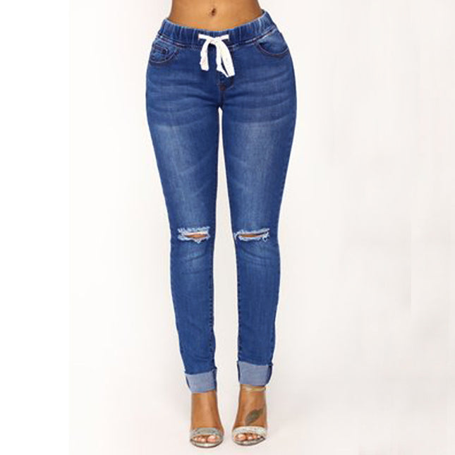 Wholesale Women's Mid Rise Drawstring Slim Fit Distressed Jeans