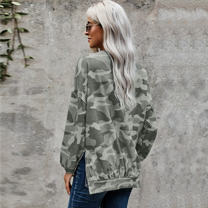 Camouflage Pattern Round Neck Pullover Long Sleeve Hoodie