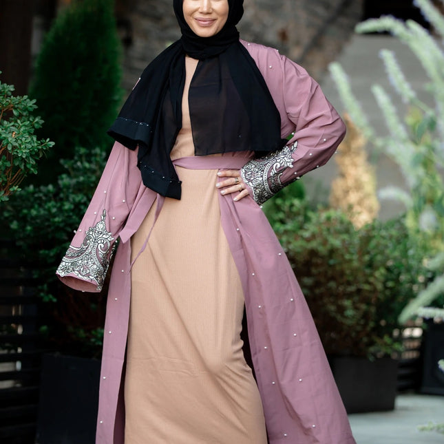 Muslim Long Sleeve Long Cardigan Embroidered Beaded Robe