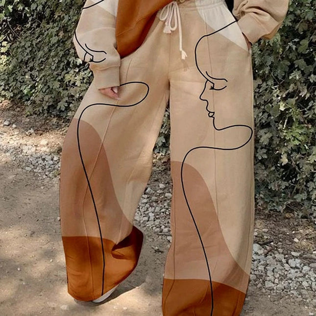 Wholesale Women's Autumn Round Neck Printed Hoodie Pant Two Piece Set