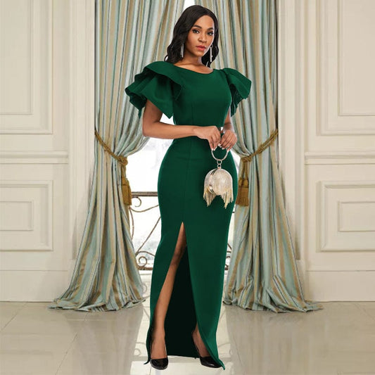 Women's Ruffle High Waist Large Size Slim Slit Green Evening Dress