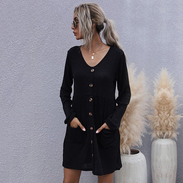 Wholesale Women's Long Sleeve Slim Solid Color V-Neck Knitted Dress