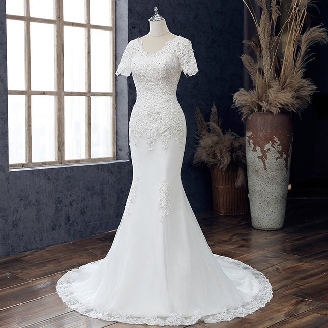 Braut-Meerjungfrau-Schwanz mit V-Ausschnitt, schmales, leichtes Hochzeitskleid
