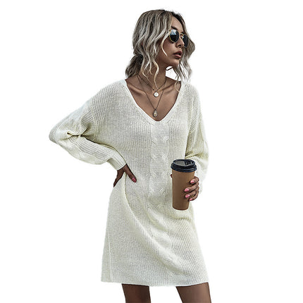 Wholesale Ladies Fall V-neck Pullover Twisted Mid-length Sweater Dress