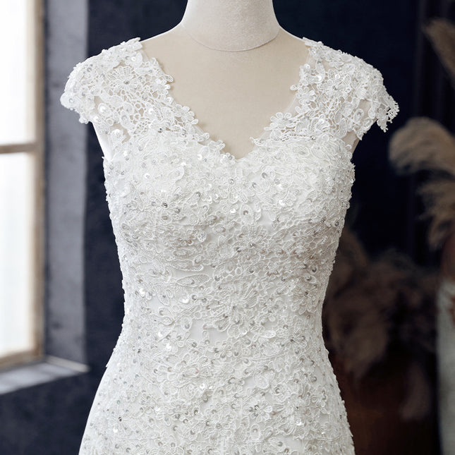 Braut einfaches Meerjungfrau Pailletten Brautkleid mit V-Ausschnitt