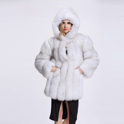 Abrigo de piel sintética de zorro para mujer Abrigo de longitud media con panel con capucha