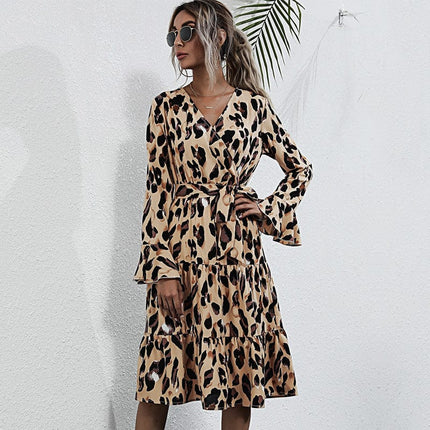 Wholesale Women's Printed Leopard Long Sleeve Fall V-Neck Ruffle Dress