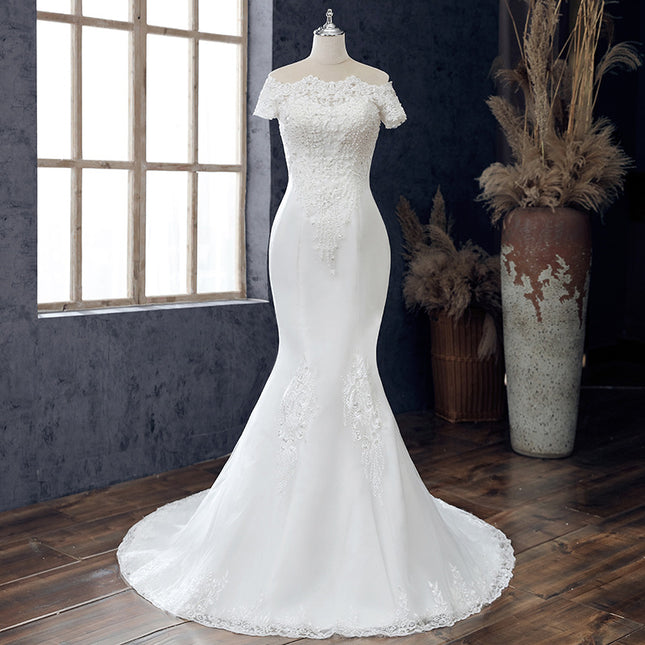 Schulterfreies Kurzarm-Braut-Meerjungfrau-Hochzeitskleid