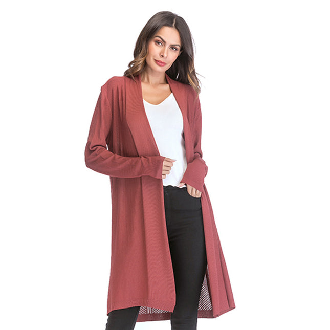 Suéter cárdigan largo de punto de manga larga de color sólido para mujer
