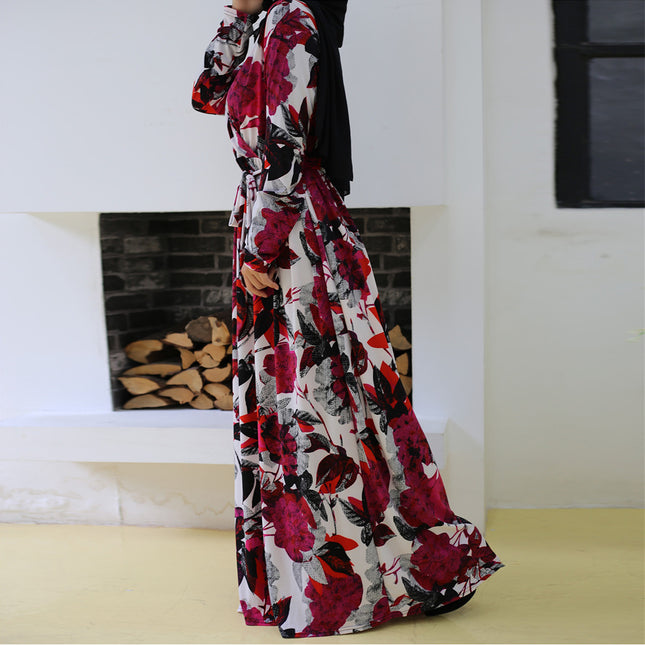 Women Fashion Print V Neck Slim Long Sleeve Muslim Dress