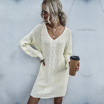 Damen-Herbst-Pullover mit V-Ausschnitt, verdrehtes, mittellanges Pulloverkleid